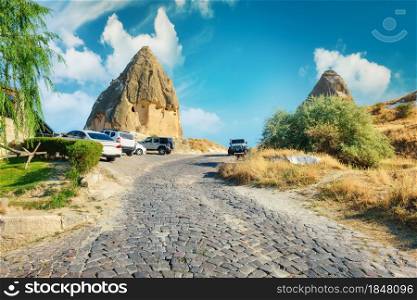 Stone road in Cappadocia at sunset. City of Goreme
