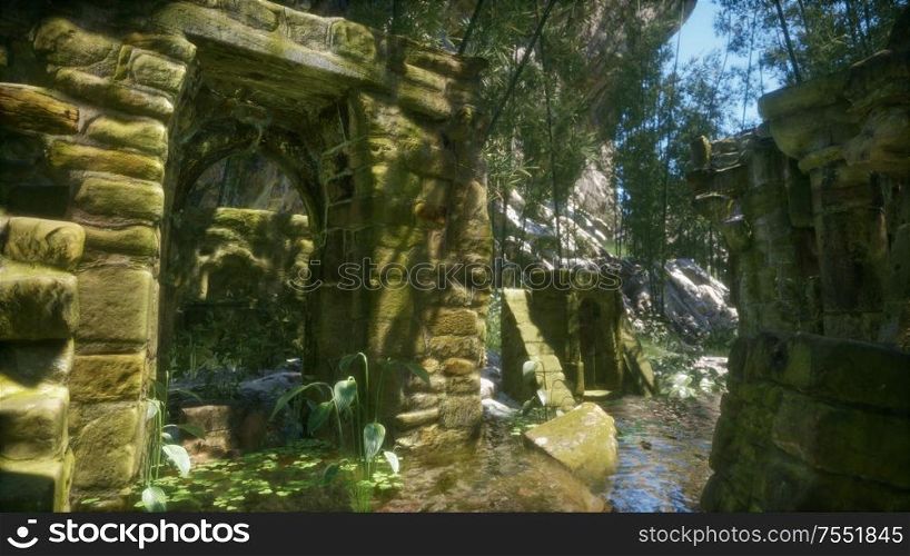 Stone ruins in a forest, abandoned ancient castle