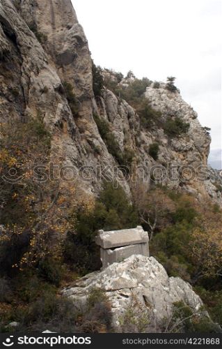Stone sarcophagus and mount in Termessos near Antalya