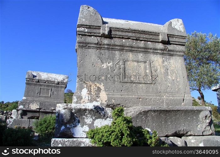 Stone sarcophagus and ruins of Sidyma in Likia, Turkey