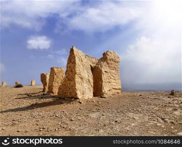 Stone Sculpture Park in Mitzpe Ramon. Israeli Desert and Crater Makhtesh Ramon.