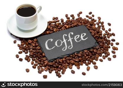 stone serving board with chalk handwritten sign, cup of espresso and coffee beans on white background.. stone serving board with chalk handwritten sign, cup of espresso and coffee beans on white background