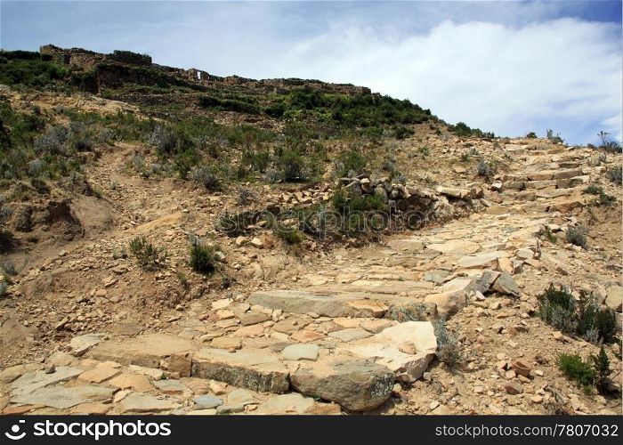 Stone staircase and inca ruins on the island Isla del Sol, Bolivia