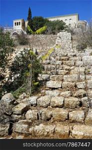 Stone staircase and Transfiguration church on the top of Tavor mount, Israel