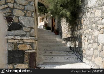 Stone stairs in Kamari on the island of Santorini in Greece.