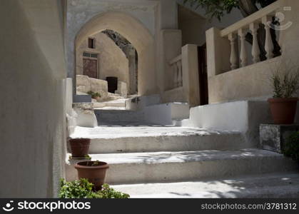 Stone stairs in Kamari on the island of Santorini in Greece.