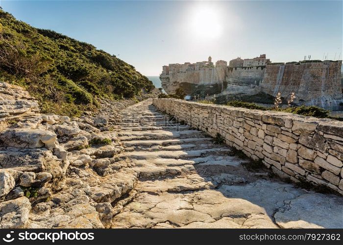 Stone steps leading down towards the Citadel of Bonifacio in the south of the island of Corsica