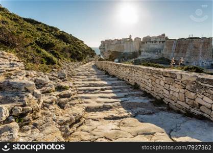 Stone steps leading down towards the Citadel of Bonifacio in the south of the island of Corsica