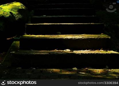Stone steps with green moss and sunlight