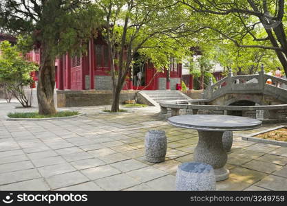 Stone table and chairs outside a temple, Songyang Academy, Shaolin Monastery, Mt Song, Henan Province, China