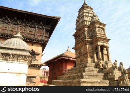 Stone temple and wall of palace on the Durbar square in Bhaktapur, Nepal