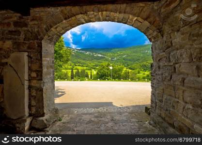 Stone town gate of Roc and landscape of Istria, Croatia