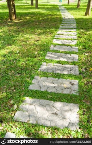 stone walkway through forest with sunshine