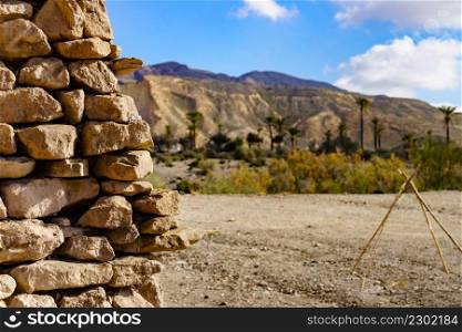 Stone wall and landscape of Sierra Alhamilla mountain range, Spain.. Sierra Alhamilla landscape, Spain.