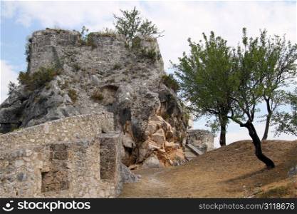 Stone wall and rock inside fortress in Knin, Croatia