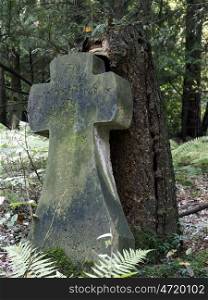 stonecross. Cross of stone in the forest cemetery