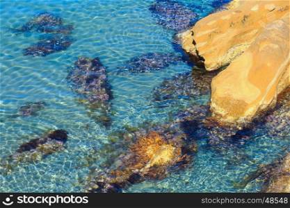 Stones in clear sea water nier shore.