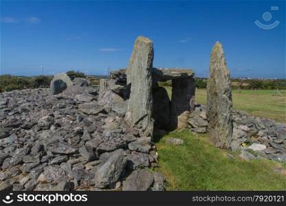 Stones of Trefignath ancient burial chamber. Near to Holyhead, Anglesey, Wales, United Kingdom, Europe