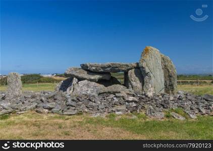 Stones of Trefignath ancient burial chamber. Near to Holyhead, Anglesey, Wales, United Kingdom, Europe