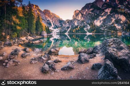 Stones on the coast of Braies lake at sunrise in autumn in Dolomites, Italy. Landscape with mountains, water with reflection, trees in fall. Travel in italian alps. Dolomiti. High rocks and lake
