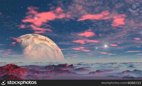 Stony desert covered with red, blue mist in the lowlands. Over the horizon a huge planet. UFO fly out - over the horizon and the top and make the flight. In the sky bright stars and pink clouds.