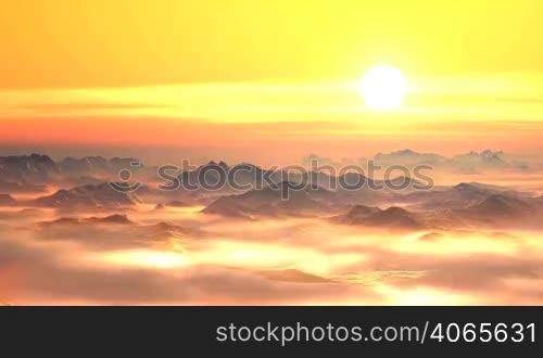 Stony desert red-hot, and filled with golden color. The bright white sun shines on the yellow sky. The horizon is covered with a thick mist. In the sky rare low clouds.