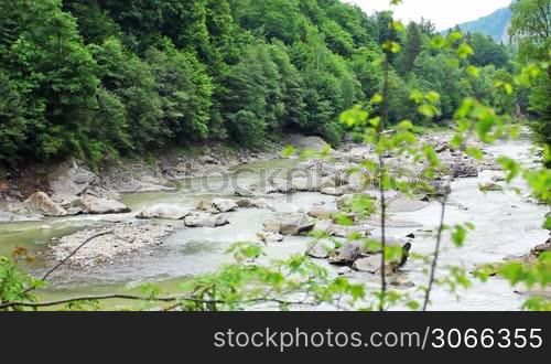 stony mountain river flowing amidst mountains, foreground in defocus tree branches