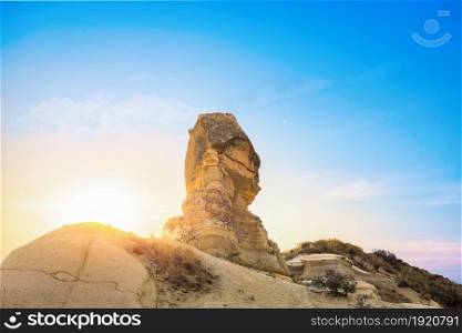 Stony sphinx in Cappadocian Valley of Love, Turkey. Sphinx in Cappadocia