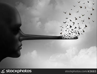 Stop corruption concept or spreading lies symbol as a person with a long nose that is being replaced by flying birds as a metaphor for honesty and communicating rumors or change for truth in a 3D illustration style.