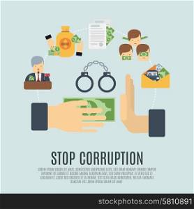 Stop corruption concept with bribe corrupt business flat icons set vector illustration. Corruption Concept Flat
