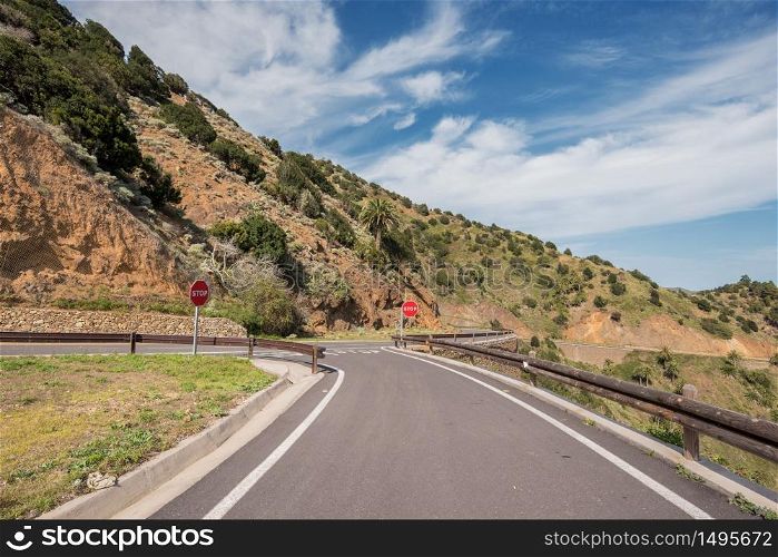 Stop cross in a mountain road in La Gomera, Canary islands, Spain.