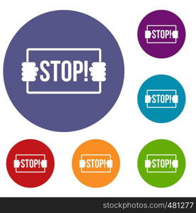 Stop icons set in flat circle red, blue and green color for web. Stop icons set