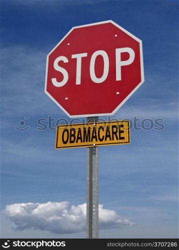 stop obamacare ahead conceptual directional post over blue sky