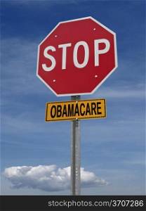 stop obamacare ahead conceptual directional post over blue sky