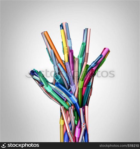Stop Plastic straws and plastics ban as a hand representing stopping pollution and eliminating garbage as a restaurant straw prohibition environmental concept as a 3D illustration.