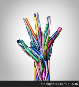 Stop Plastic straws and plastics ban as a hand representing stopping pollution and eliminating garbage as a restaurant straw prohibition environmental concept as a 3D illustration.