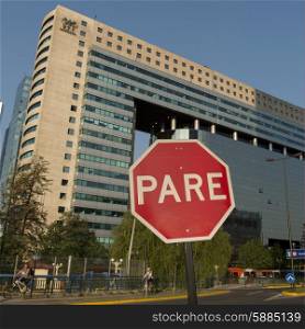 Stop sign in front of a building, Santiago, Santiago Metropolitan Region, Chile