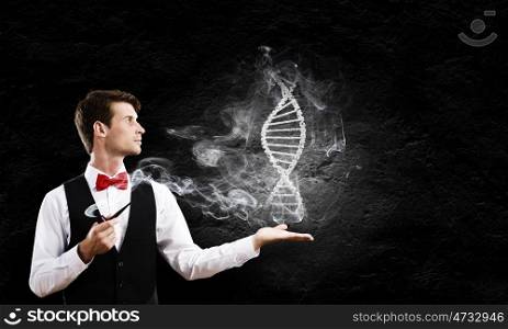 Stop smoking. Young handsome businessman smoking pipe and holding dna image in palm