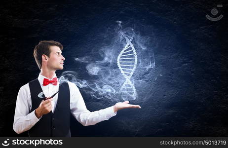 Stop smoking. Young handsome businessman smoking pipe and holding dna image in palm