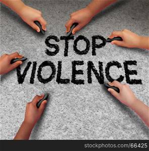 Stop violence concept and prevent an assault as a group of children hands drawing criminal violent aggression text on pavement in a 3D illustration symbol.