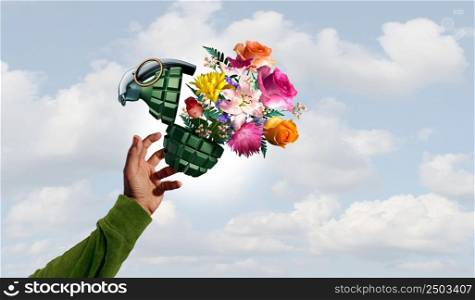 Stop war and No violence concept as a grenade weapon with flowers as a person throwing a symbol for peace and hope with an unexploded bomb or disarmed explosive to spread love with 3D illustration elements.
