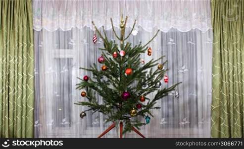 stopmotion of decorating Christmas tree and night illumination