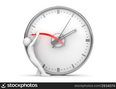Stopping clock hands to stop the time (3d isolated on white background characters series)