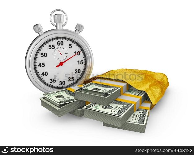 stopwatch and a pack of dollar banknotes in a gold package