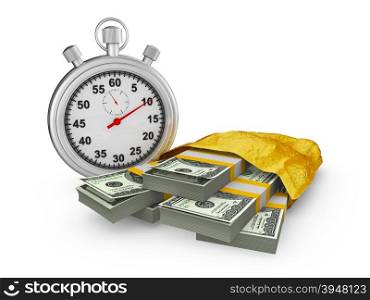 stopwatch and a pack of dollar banknotes in a gold package