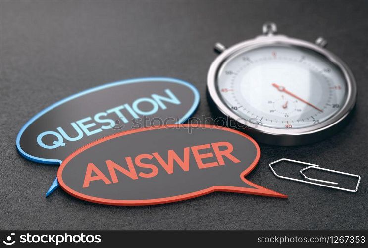 Stopwatch over black background with speech bubbles with the words question and answer. Concept of customer service wait times. 3D illustration. Wait Time Concept, Effective Customer Service.