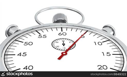 Stopwatch with red second hand approach to 5 seconds, 3D rendering