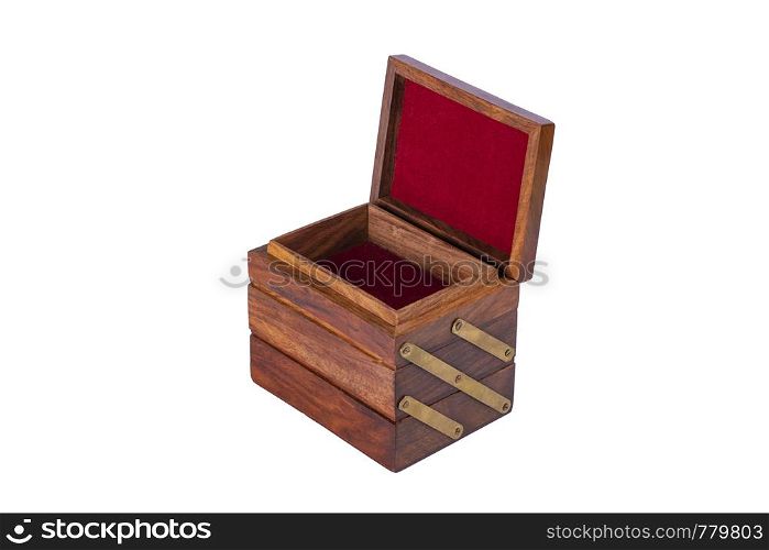 storage box, gold, jewelry, gold jewelry, isolated on white background, side view. Wooden box