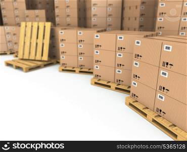 Storage. Cardboard boxes on pallet. Space for text. 3d