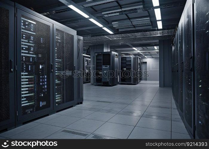 storage data center filled with racks of servers and other electronic equipment, created with generative ai. storage data center filled with racks of servers and other electronic equipment